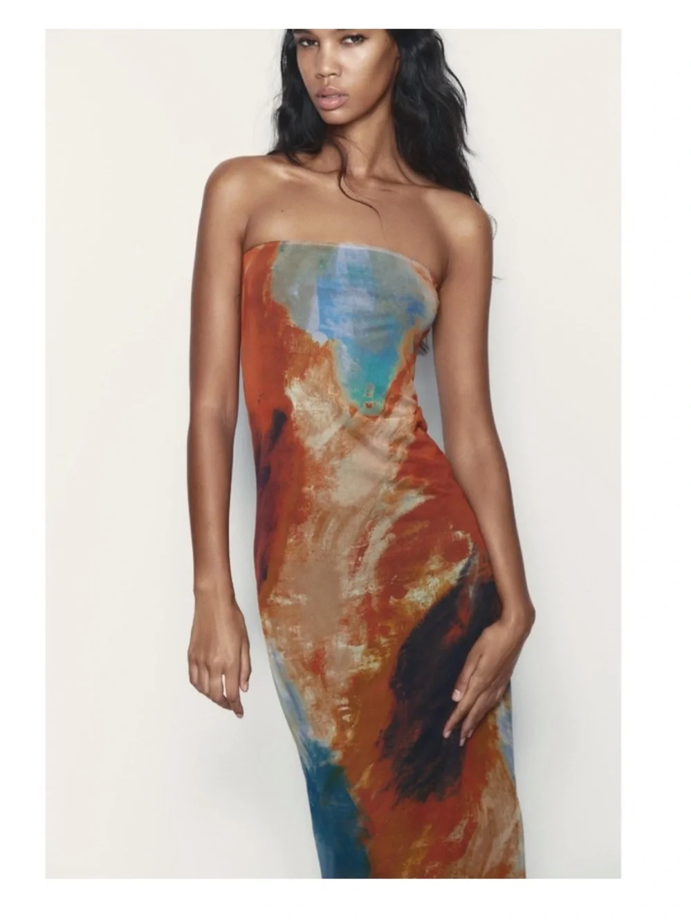Zara Strapless Printed Fitted Mesh Dress - Picture 2 of 12